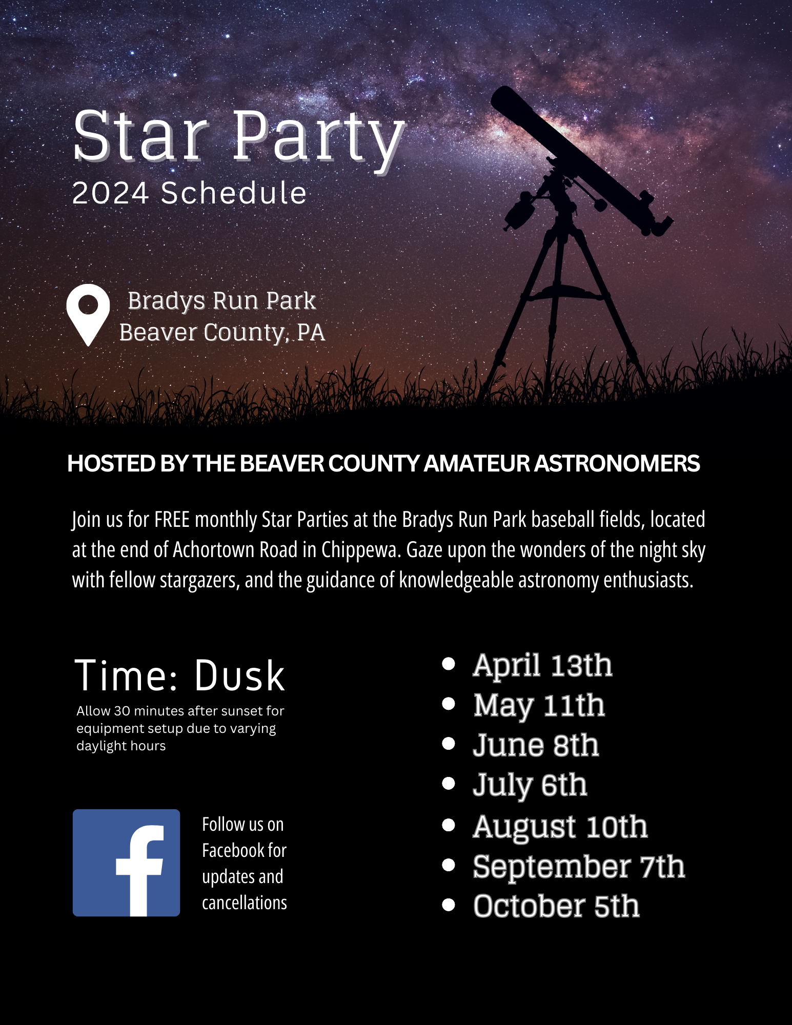 Star Party Schedule - Hosted by the Beaver County Amateur Astronomers