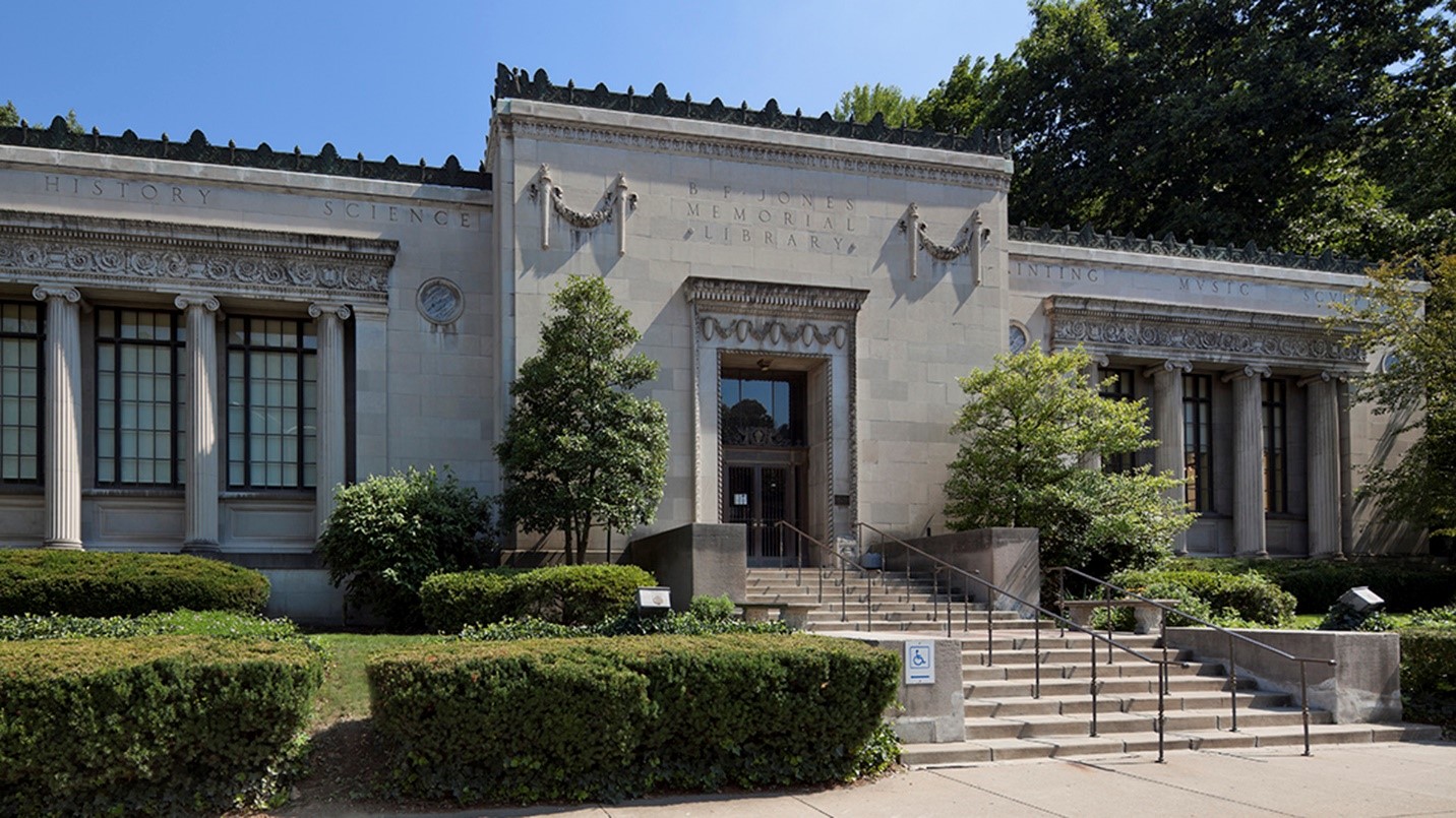 Outside image of the B.F. Jones library and District Center