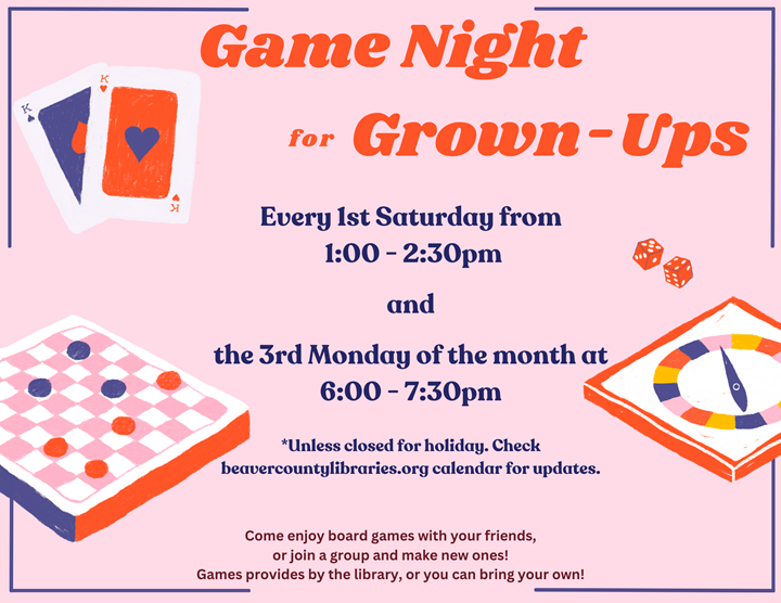 Come enjoy board games with your friends, or join a group and make new ones! Games provided by the library, or you can bring your own!